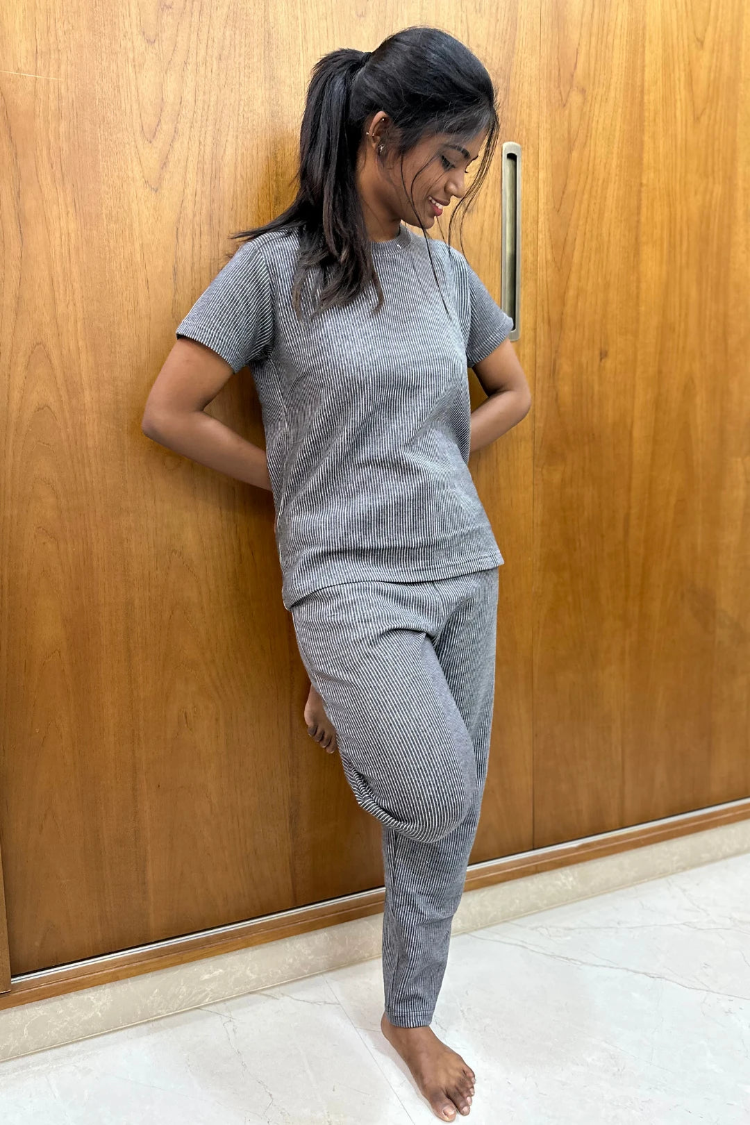 Black and White Strip Knitted Co-ord Set for Women