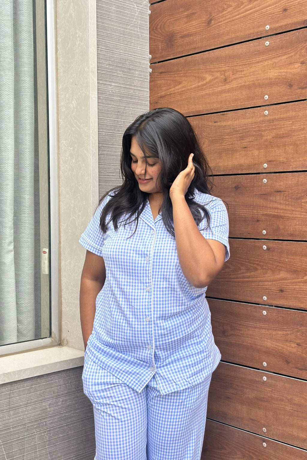 ⁠Blue Gingham Women’s Pyjama Set