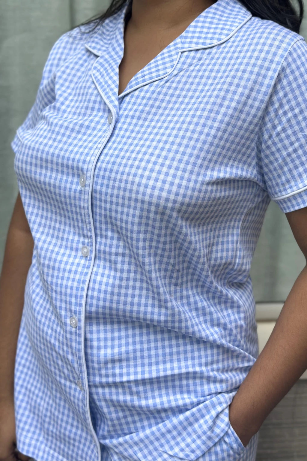 ⁠Blue Gingham Women’s Pyjama Set