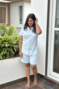Blue Polka Women Collared Shorts Set