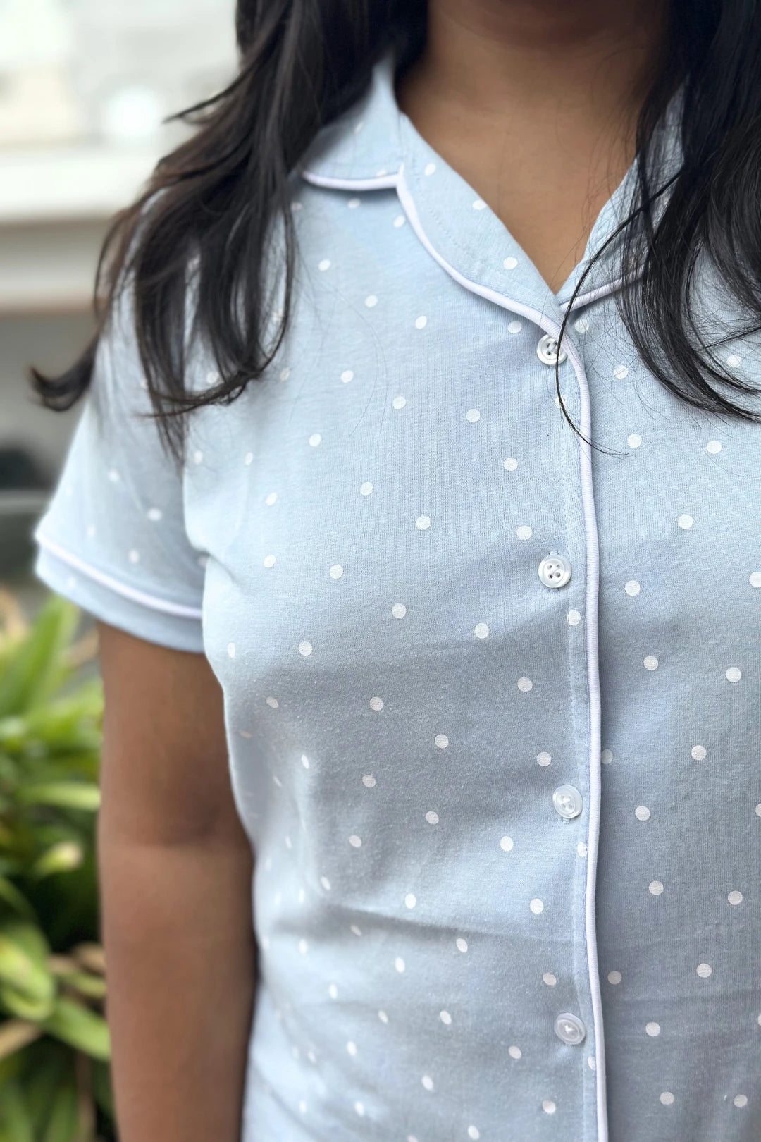 Blue Polka Women Collared Shorts Set