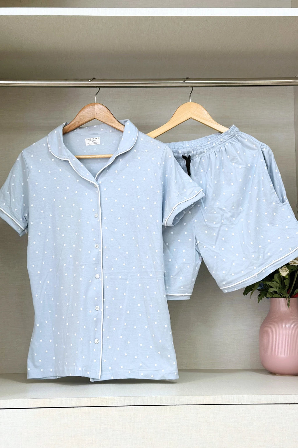 Blue Polka Women Collared Shorts Set