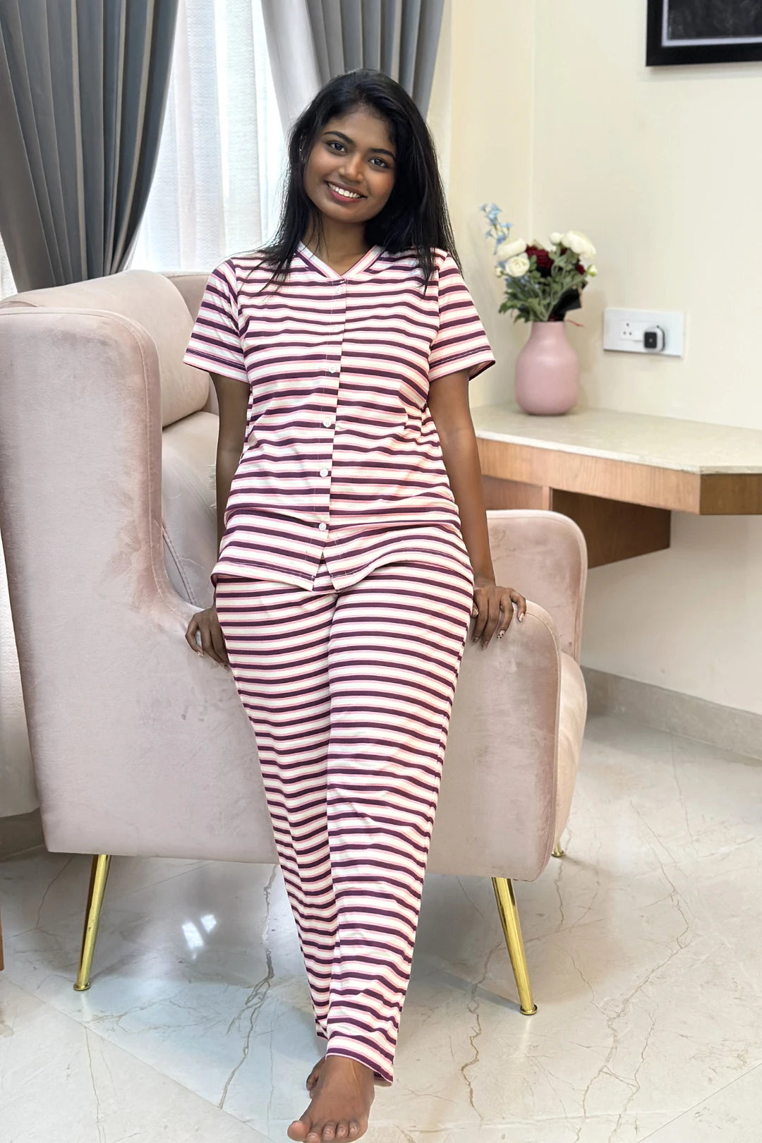 Burgundy Pink Striped Coord Set for Women