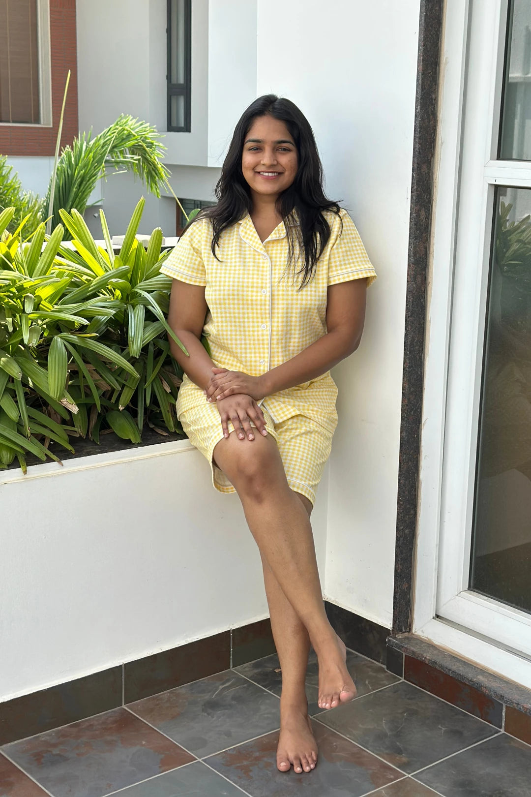 Buttery Yellow Gingham Women Collared Shorts Set