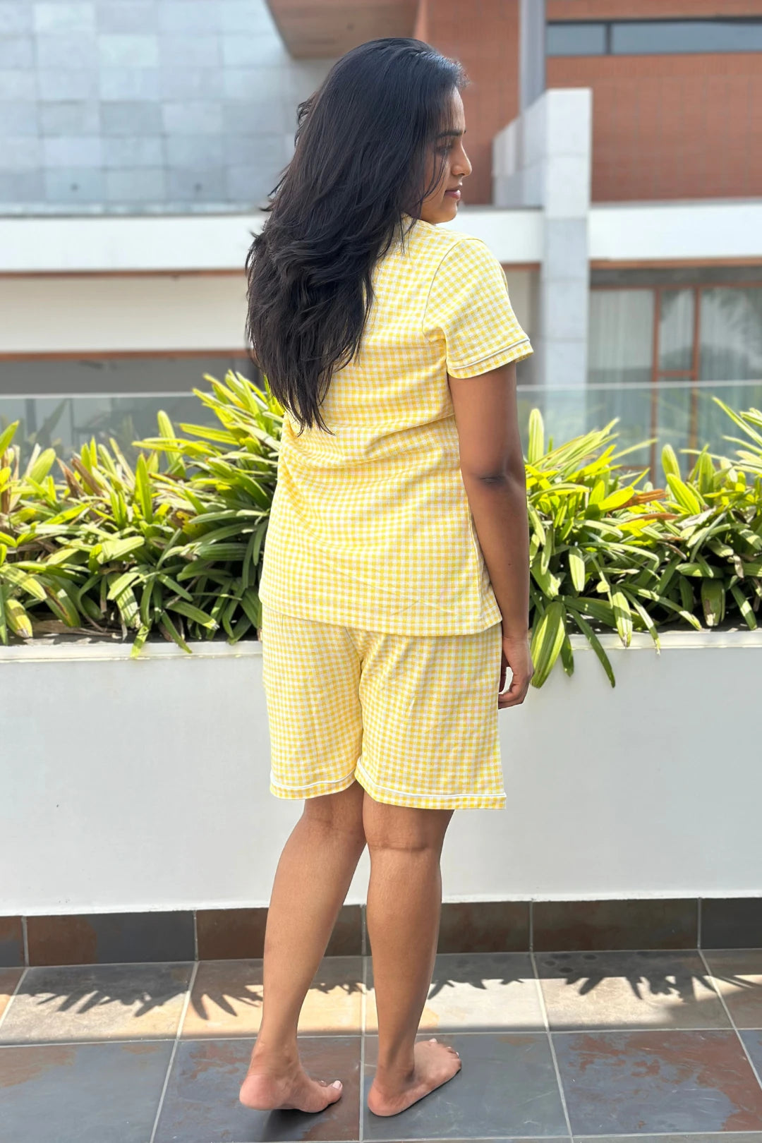 Buttery Yellow Gingham Women Collared Shorts Set