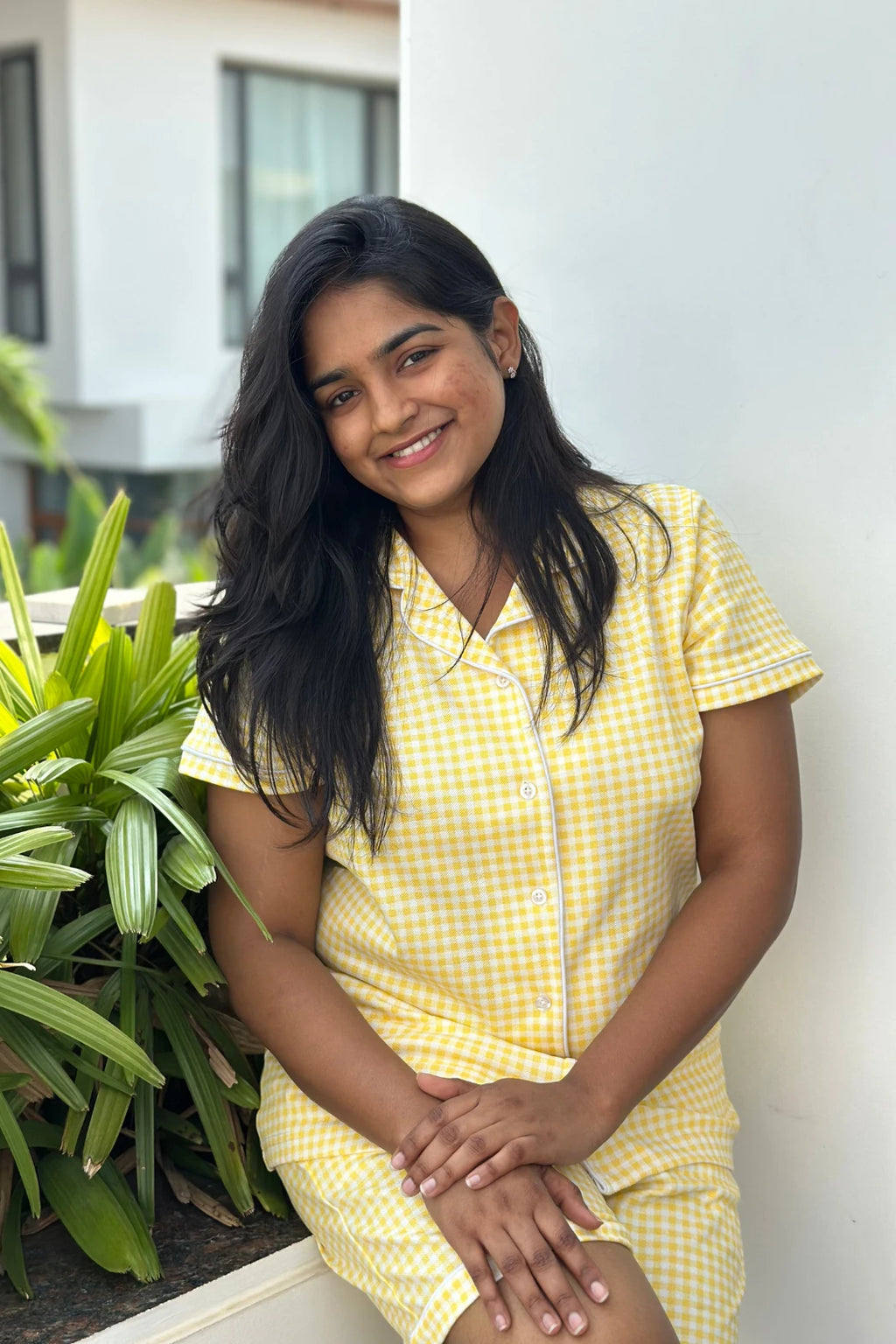 Buttery Yellow Gingham Women Collared Shorts Set