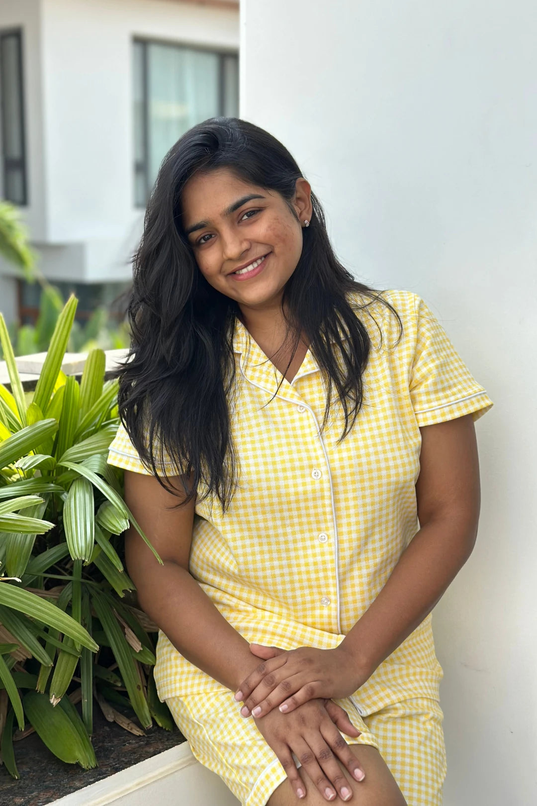 Buttery Yellow Gingham Women Collared Shorts Set