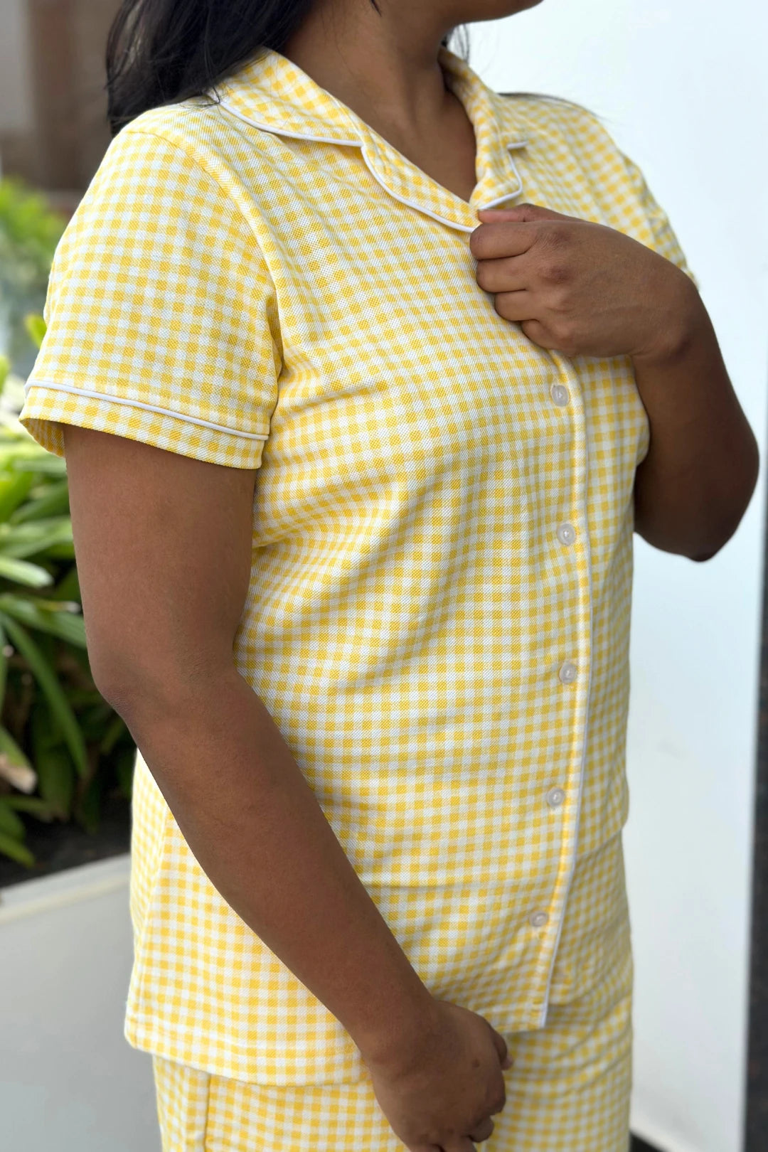Buttery Yellow Gingham Women Collared Shorts Set