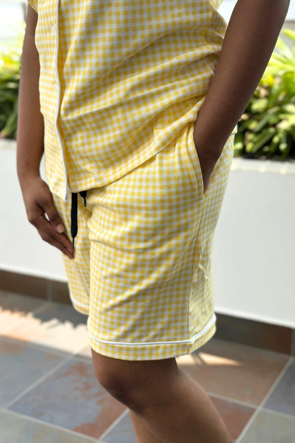 Buttery Yellow Gingham Women Collared Shorts Set