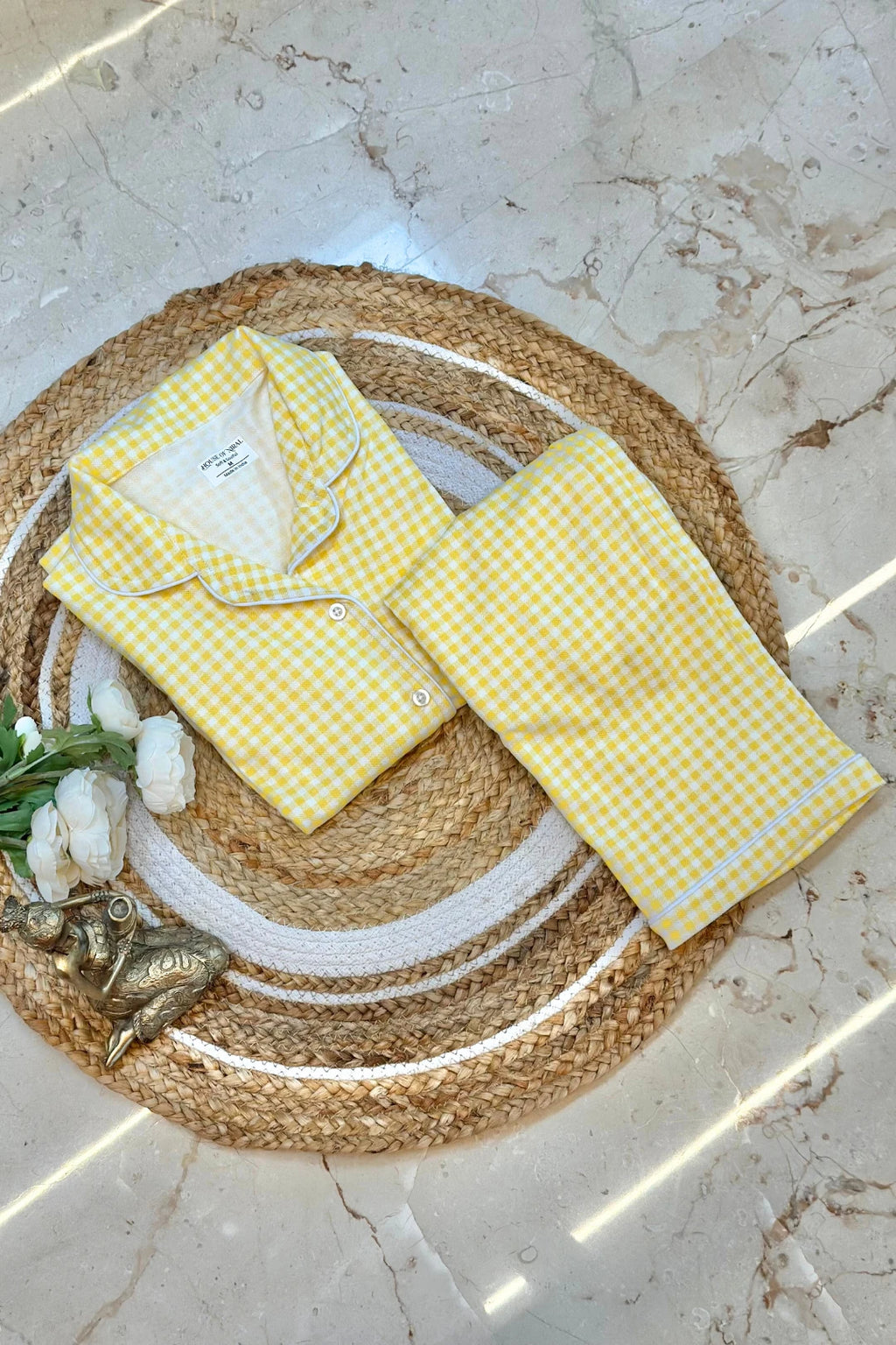 Buttery Yellow Gingham Women Collared Shorts Set