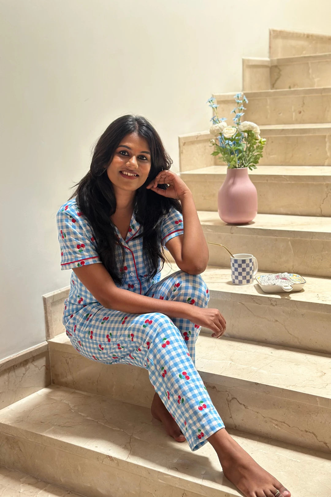 Cherry Blue Gingham Women’s Pyjama Set