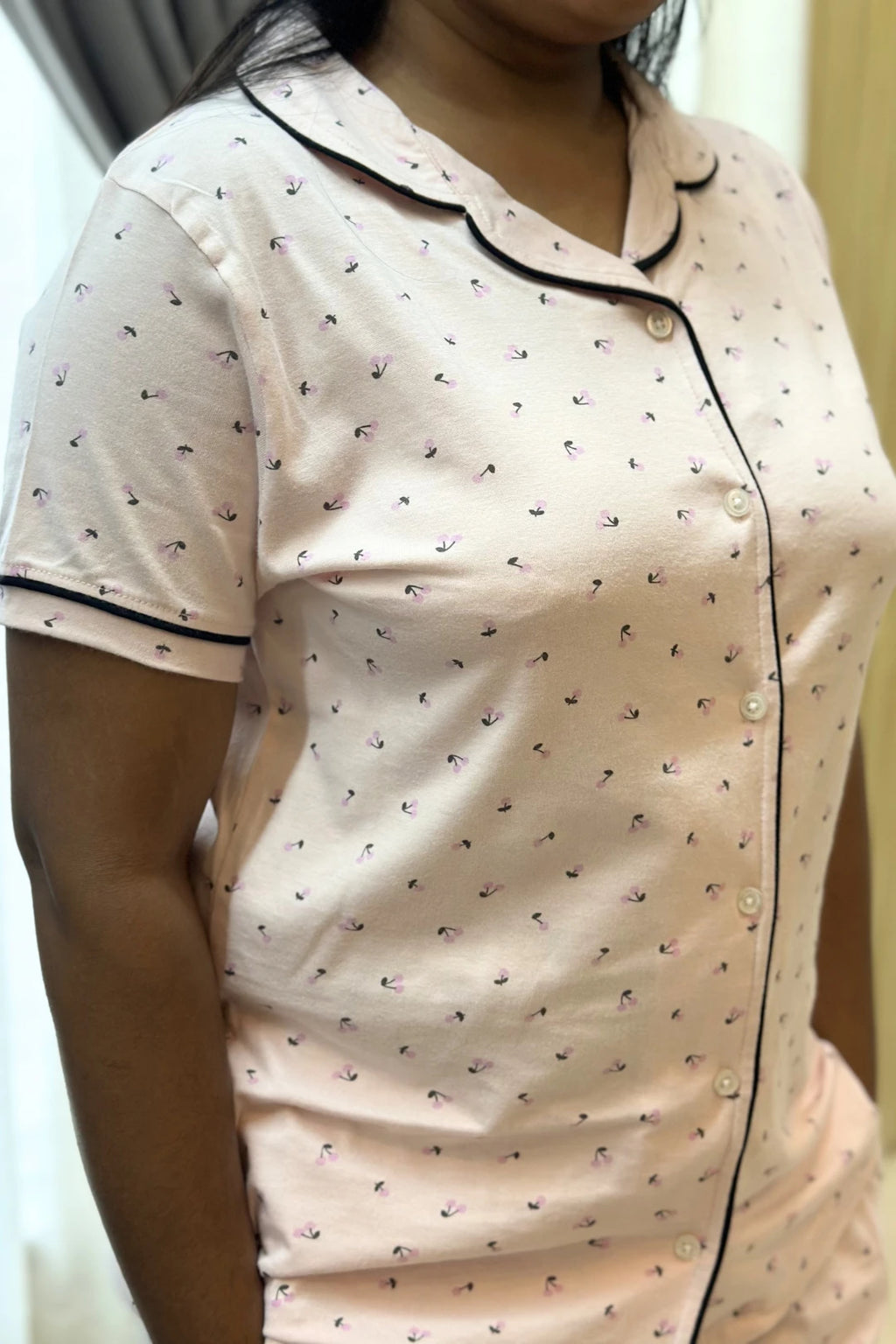 Cherry Pink Women Collared Shorts Set