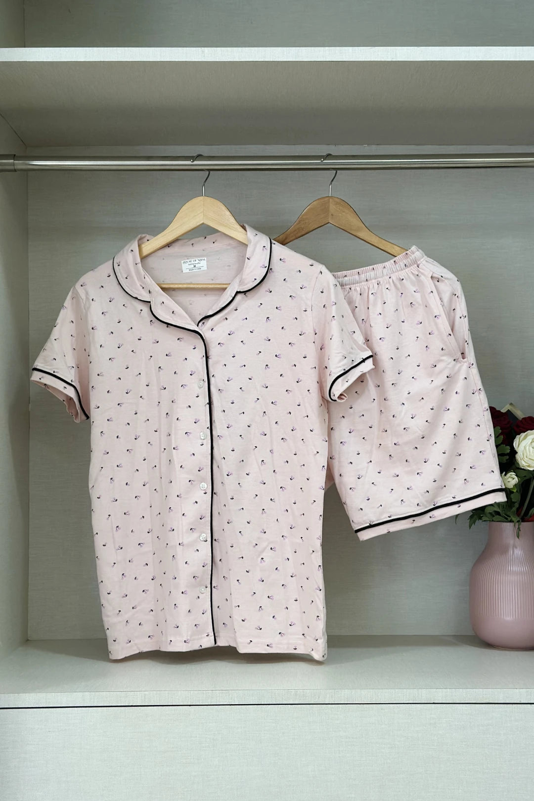 Cherry Pink Women Collared Shorts Set