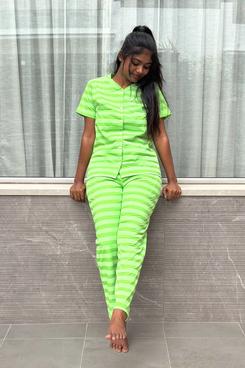 Green Striped Coord Set for Women