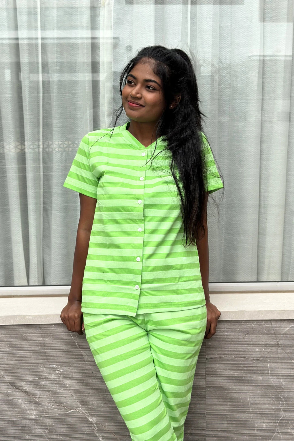 Green Striped Coord Set for Women