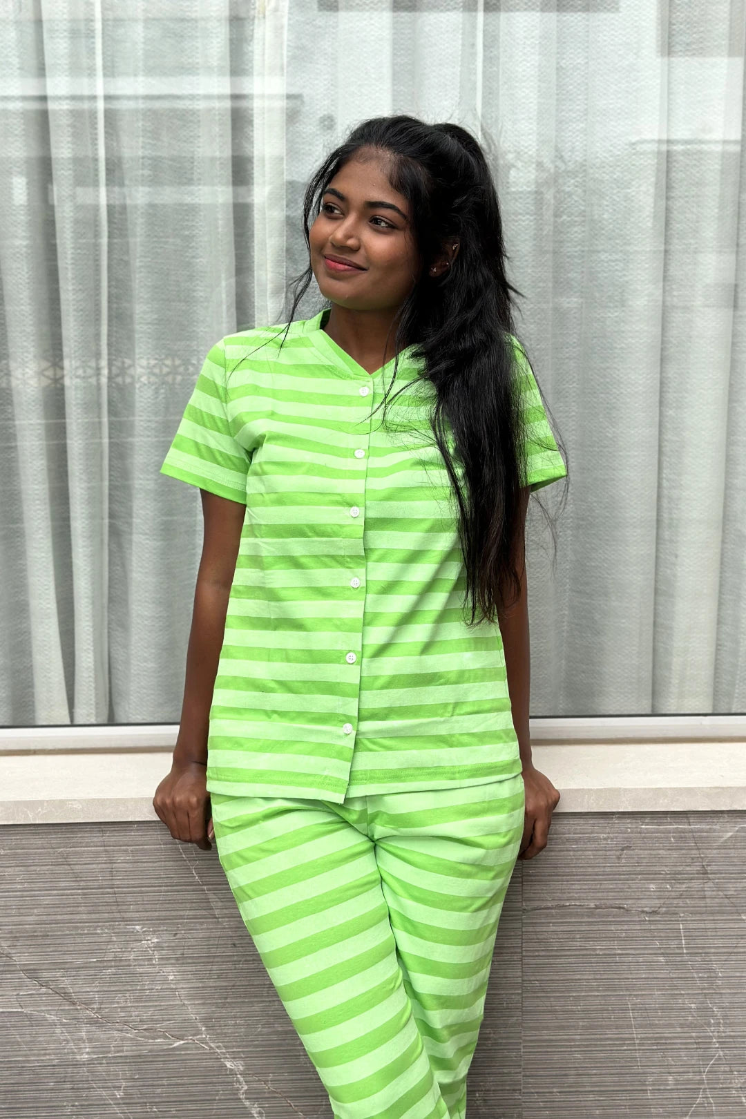 Green Striped Coord Set for Women