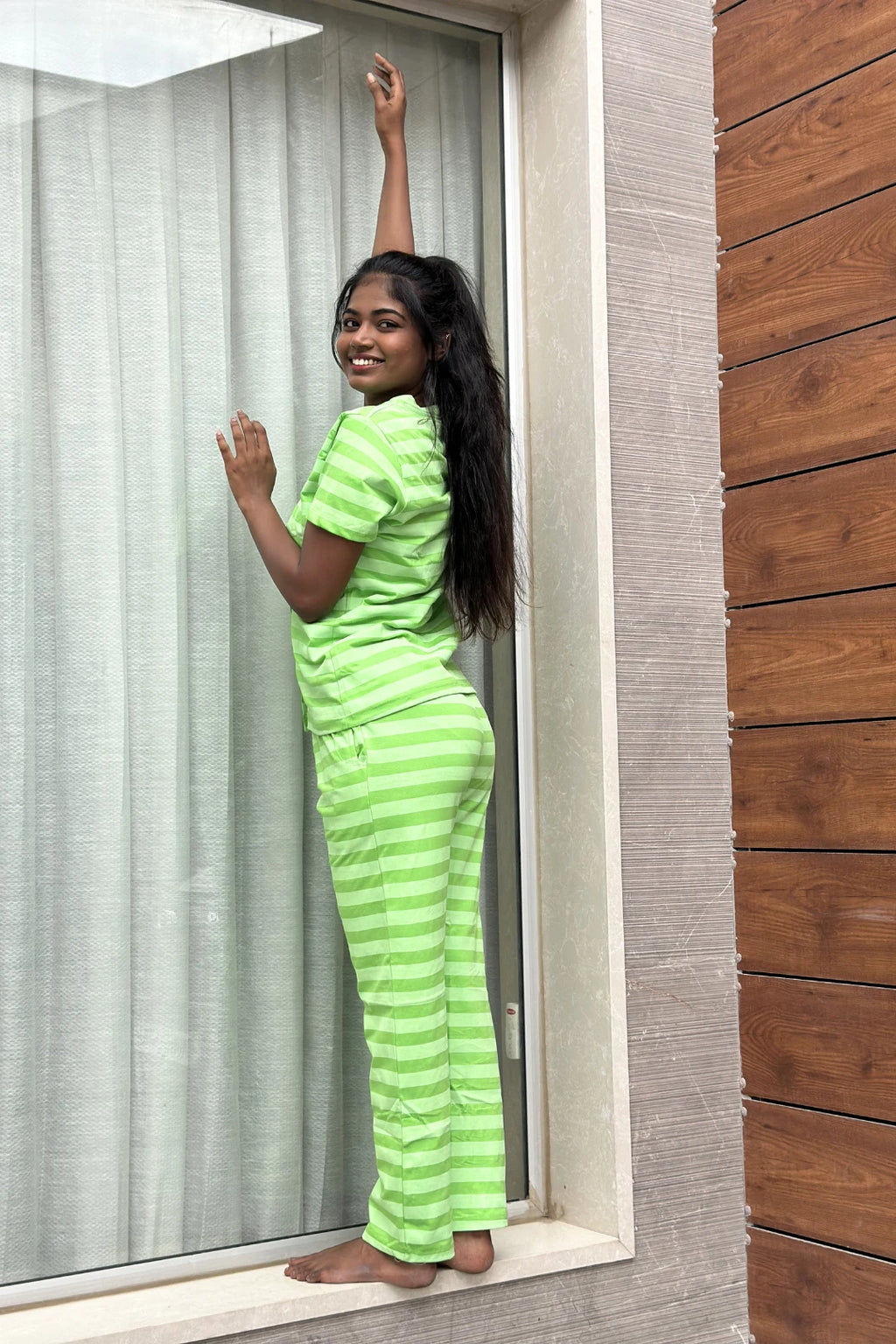Green Striped Coord Set for Women