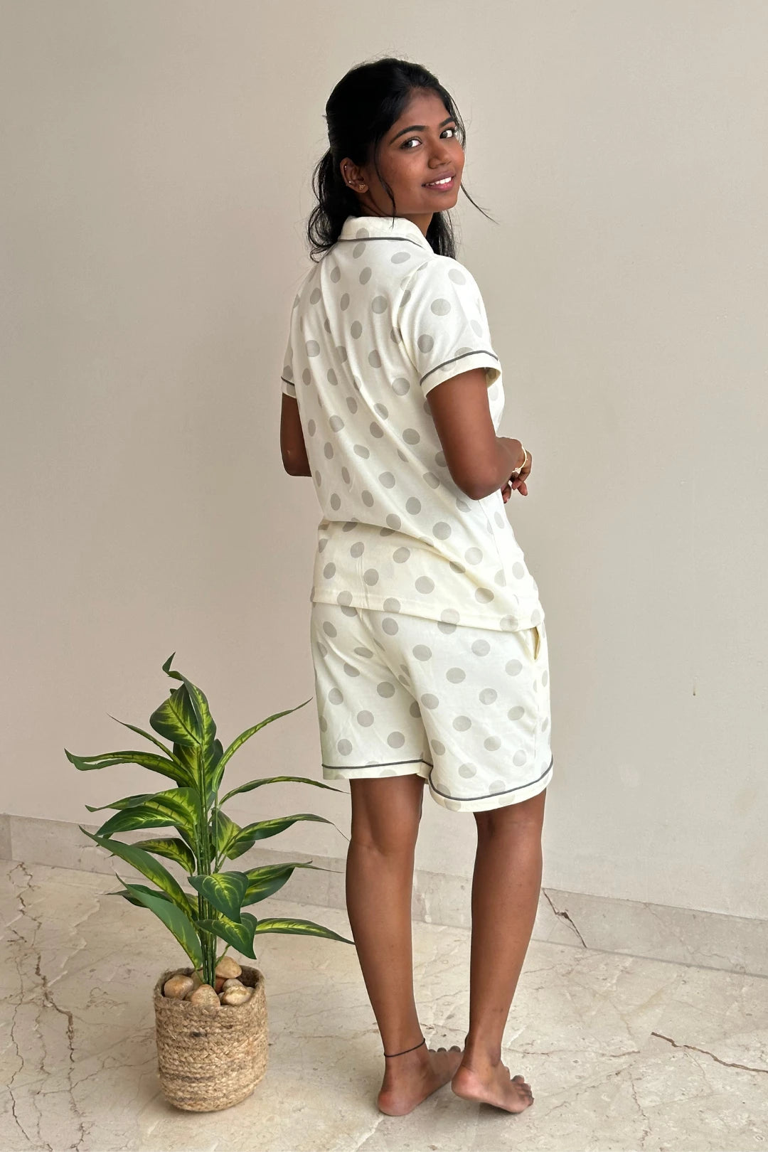Grey Polka Women Collared Shorts Set