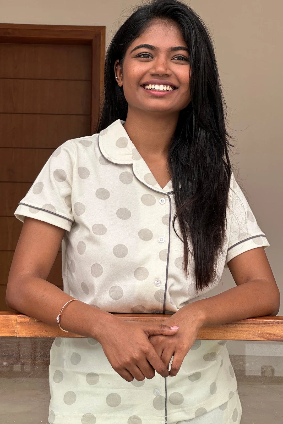 Grey Polka Women Collared Shorts Set