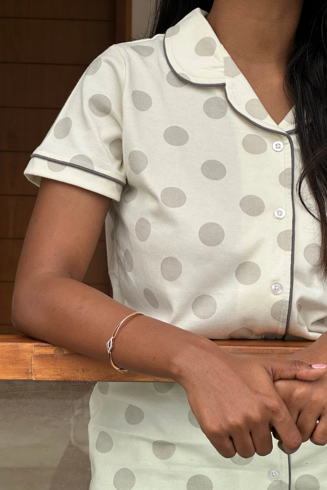 Grey Polka Women Collared Shorts Set