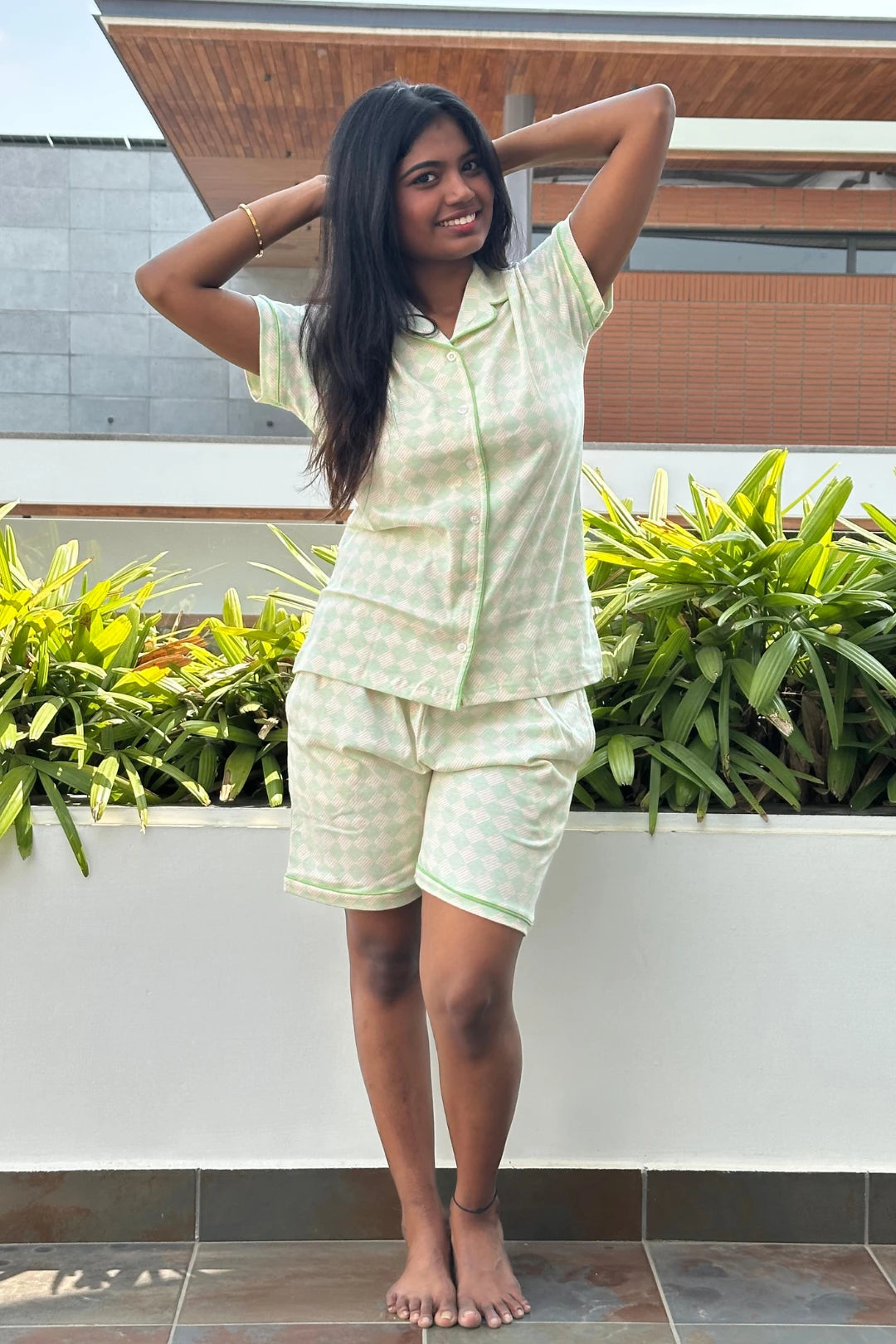 Harlequin Green Checkered Women Collared Shorts Set