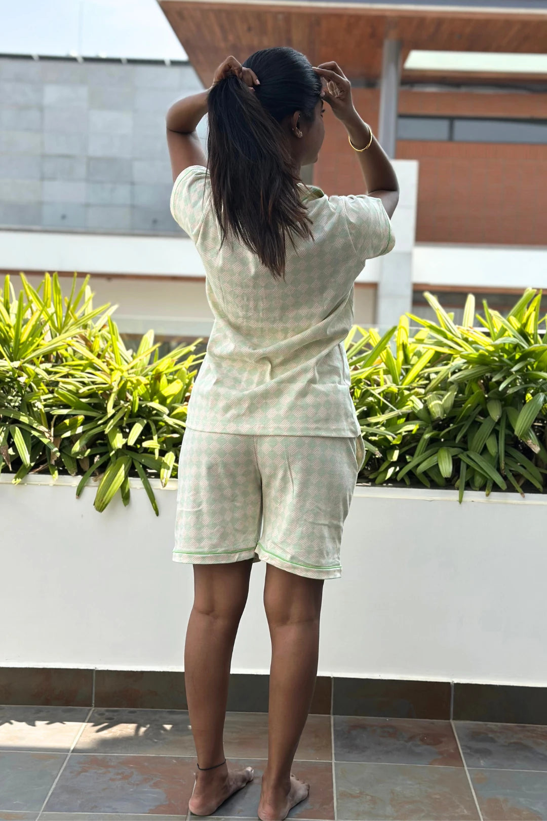 Harlequin Green Checkered Women Collared Shorts Set