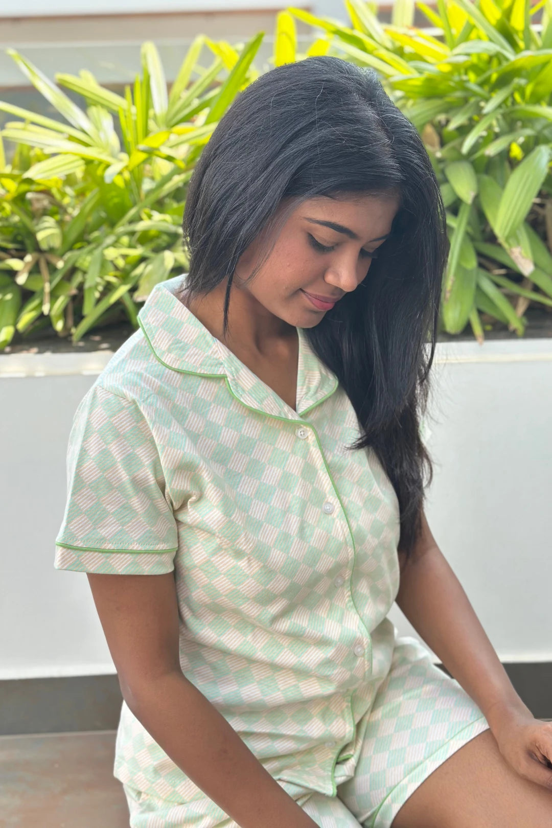 Harlequin Green Checkered Women Collared Shorts Set