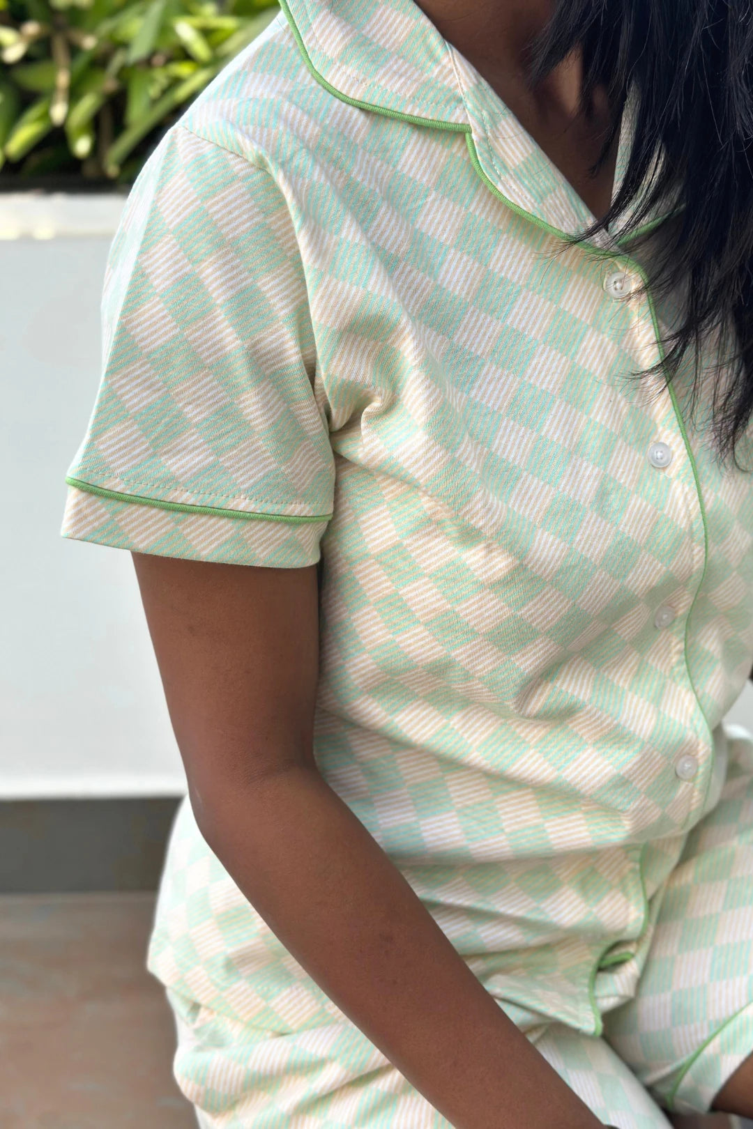 Harlequin Green Checkered Women Collared Shorts Set