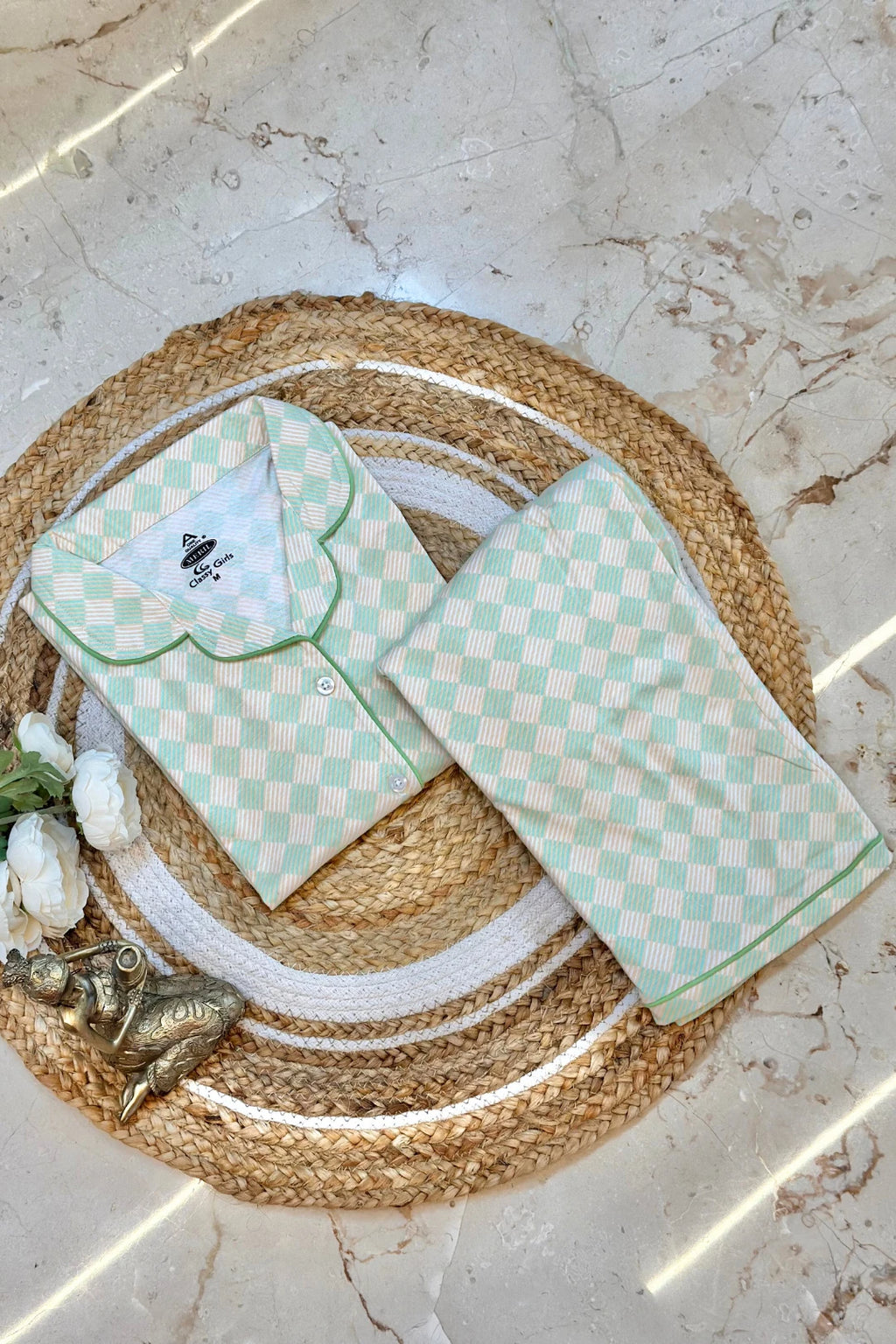 Harlequin Green Checkered Women Collared Shorts Set