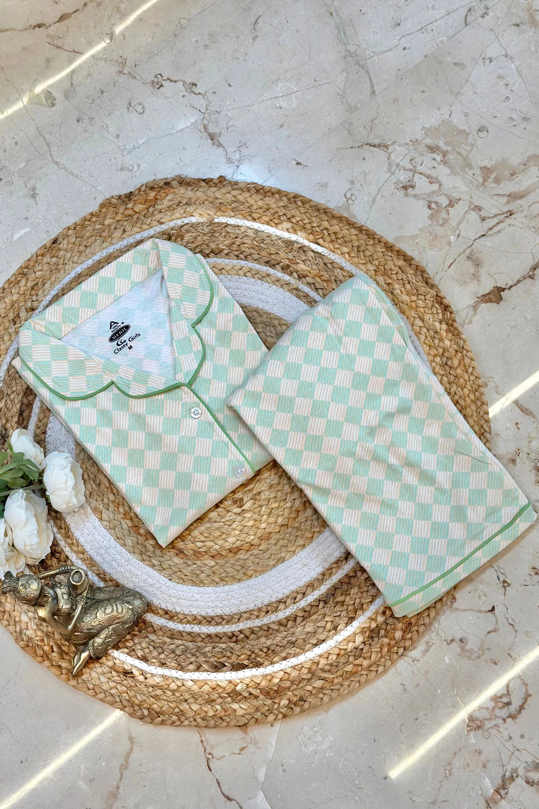 Harlequin Green Checkered Women Collared Shorts Set