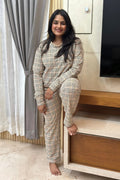 Houndstooth Beige Full Sleeve Sweatshirt Pant for Women