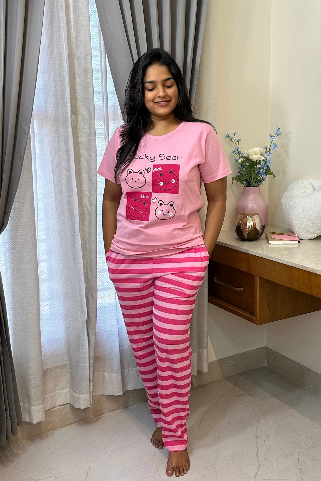 Lucky Bear Pink Striped Women's Printed Night Suit