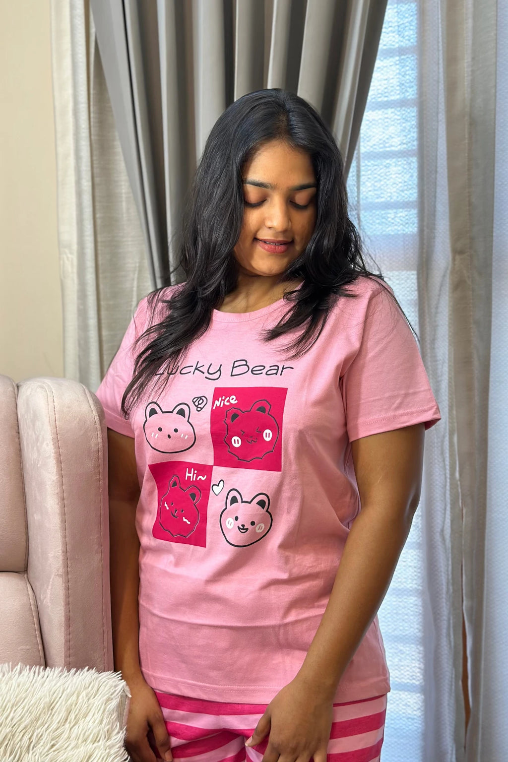 Lucky Bear Pink Striped Women's Printed Night Suit