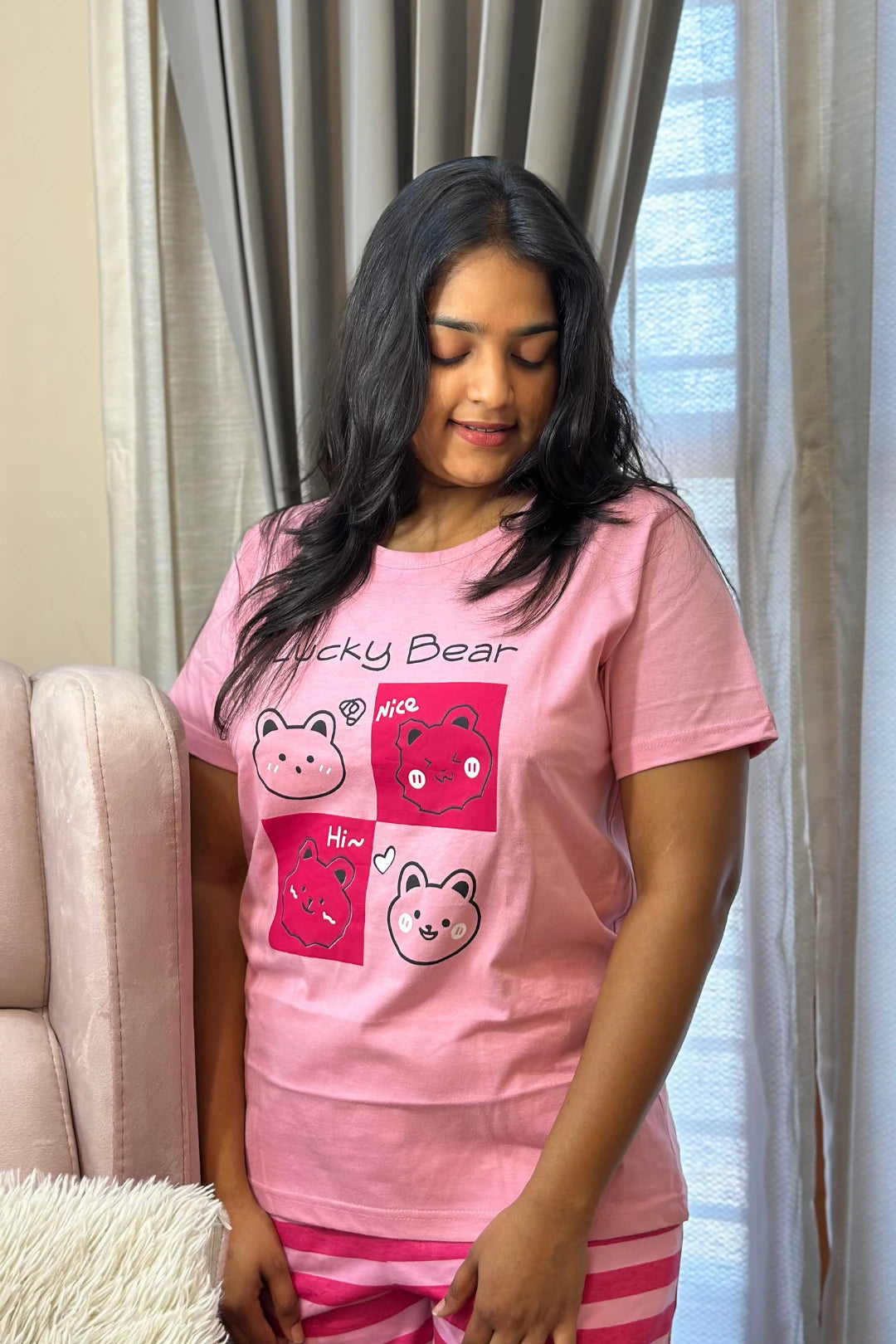 Lucky Bear Pink Striped Women's Printed Night Suit