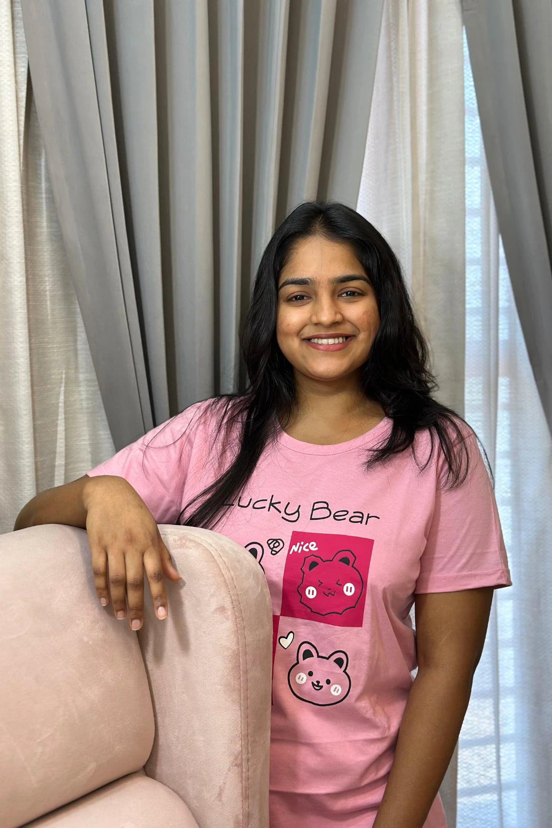 Lucky Bear Pink Striped Women's Printed Night Suit