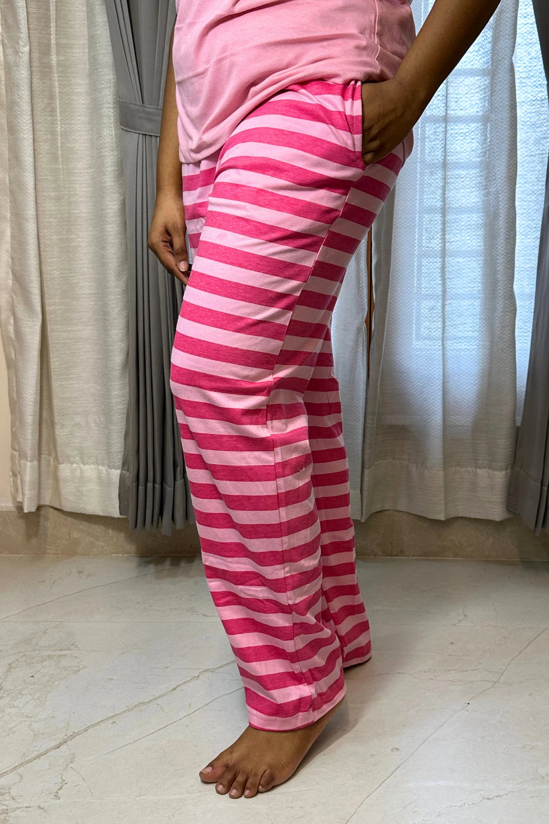 Lucky Bear Pink Striped Women's Printed Night Suit