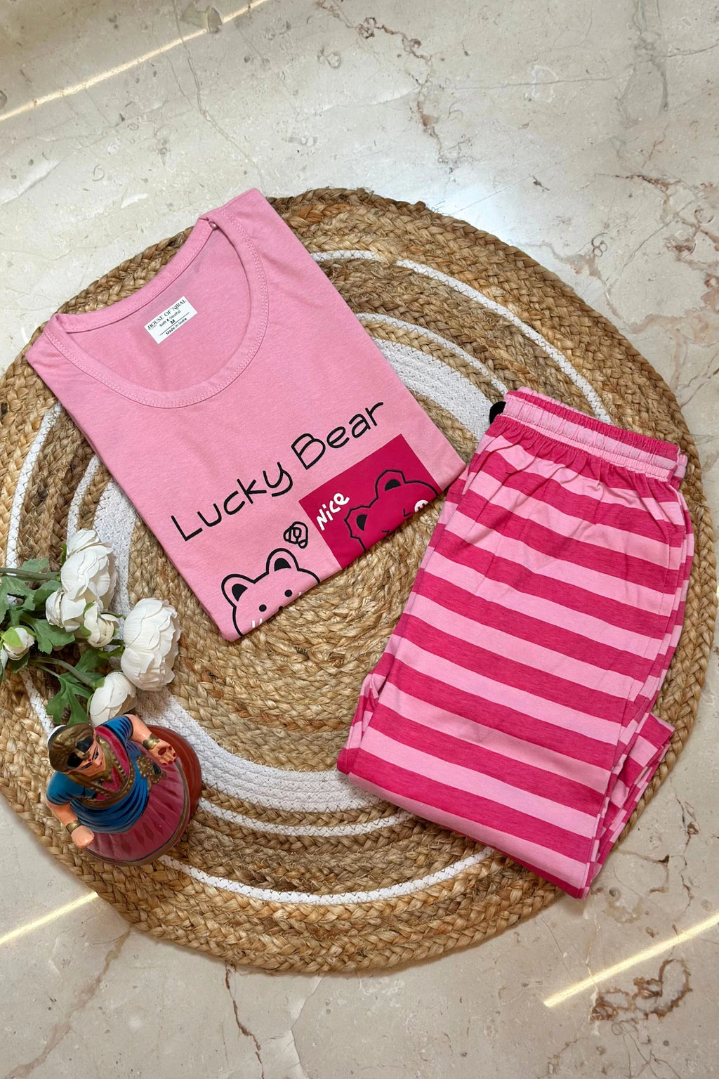 Lucky Bear Pink Striped Women's Printed Night Suit