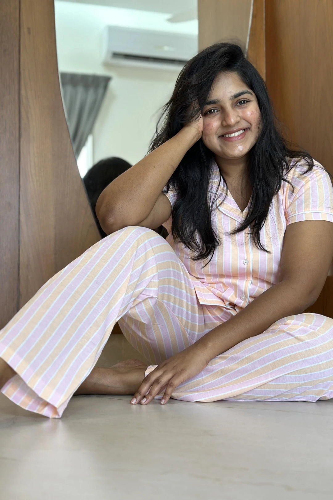 ⁠Pink Orange Stripes Women’s Pyjama Set
