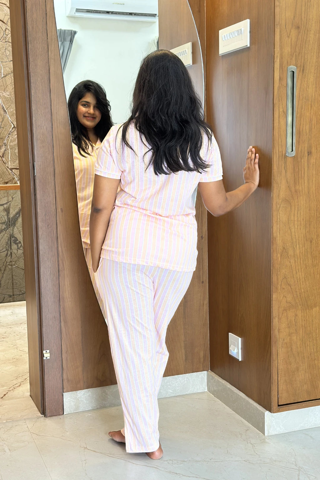 ⁠Pink Orange Stripes Women’s Pyjama Set