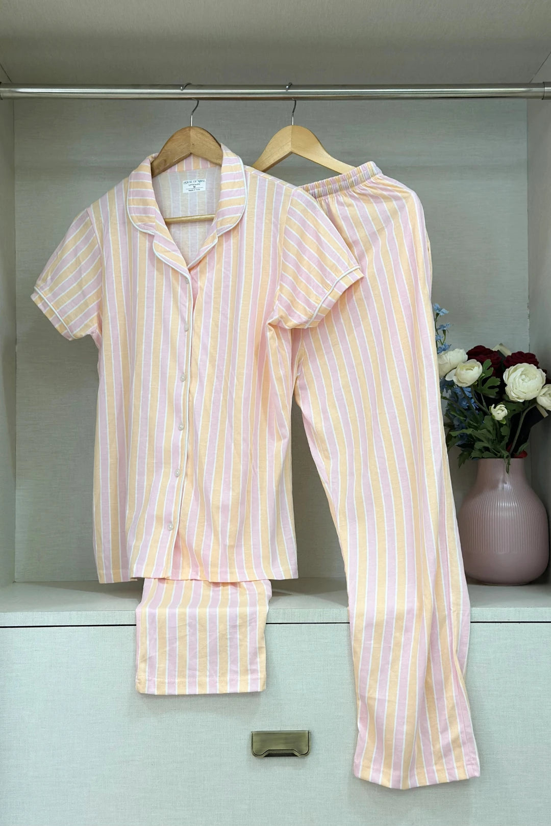 ⁠Pink Orange Stripes Women’s Pyjama Set