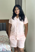 Pink Orange Stripes Women Collared Shorts Set