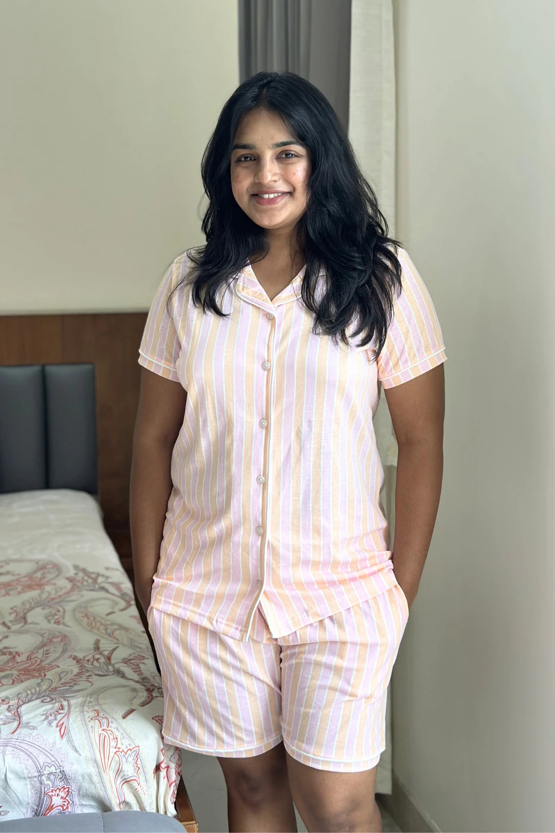 Pink Orange Stripes Women Collared Shorts Set