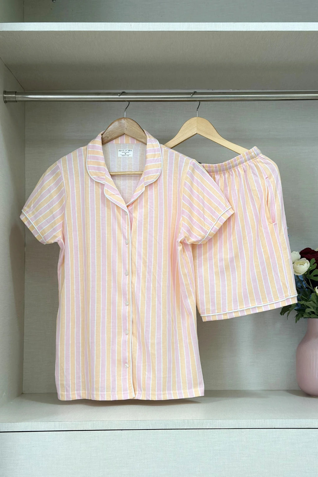 Pink Orange Stripes Women Collared Shorts Set
