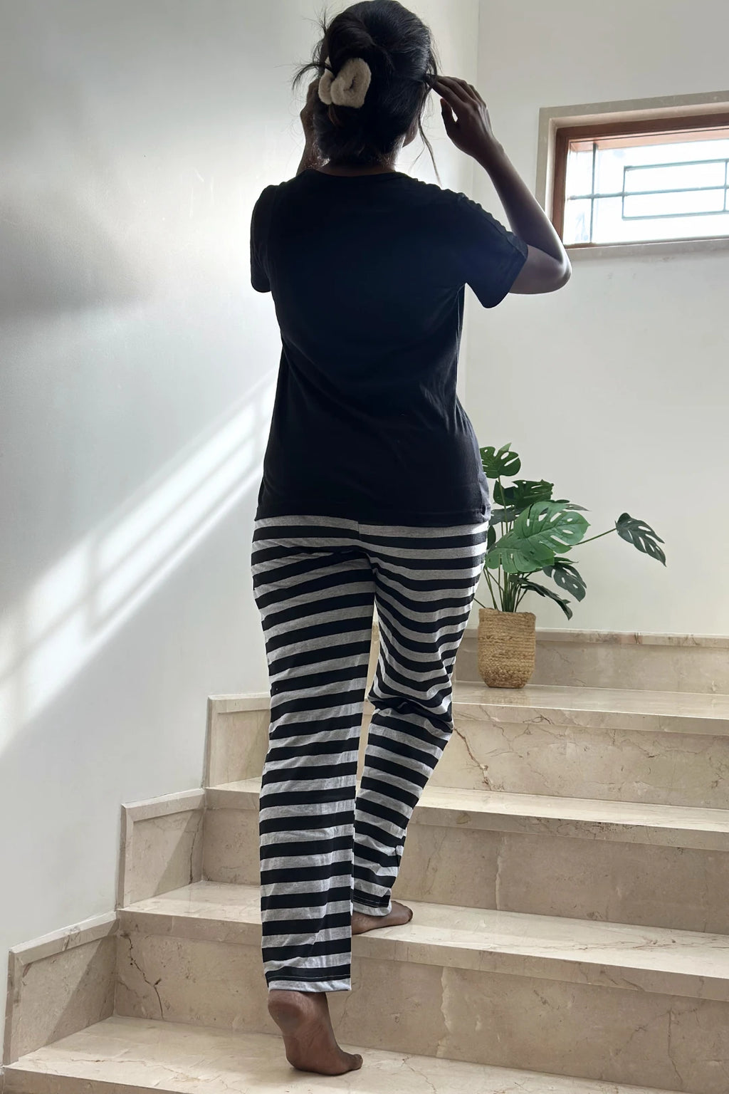 Posy Black Striped Women’s Printed Night Suit